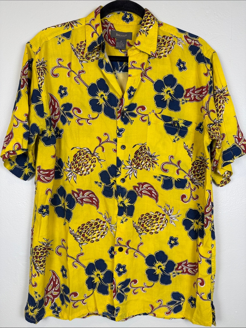 ✨Vintage 90s Bruno Vibrant Hawaiian Yellow Blue Floral Resort Shirt Size Medium